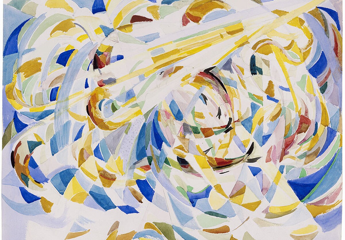 Watercolor painting featuring gold, blue, red, and white swirls across the entire canvas.